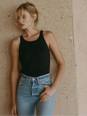 DOEN SEINE POINTELLE TANK TOP BLACK COTTON Classic Black Ribbed Tank Top Small